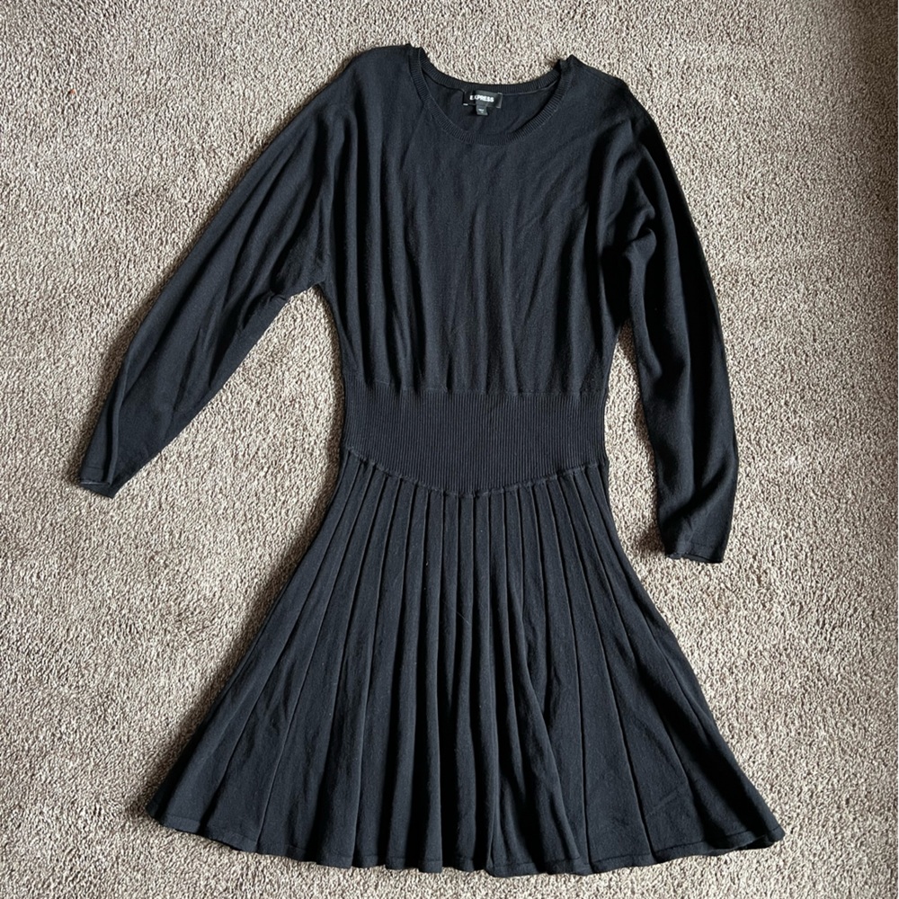 Pleated Fit and Flare Sweater Dress -Black